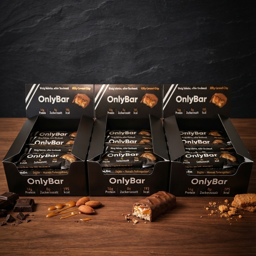 36er Box Proteinriegel Milky-Caramel-Crisp. Ein mix aus MiklyWay und Twix